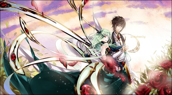 Anime picture 1400x779 with code geass sunrise (studio) c.c. lelouch lamperouge witchonly (artist) long hair short hair black hair wide image yellow eyes green hair couple holding hands girl boy gloves petals elbow gloves