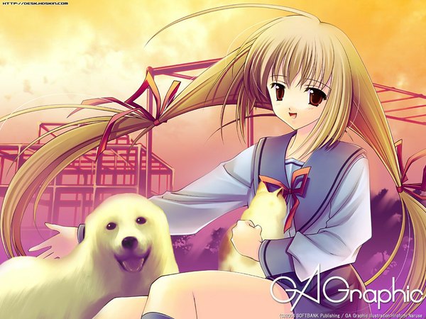 Anime picture 1024x768 with gagraphic naruse hirofumi single open mouth blonde hair red eyes sitting twintails signed very long hair :d copyright name girl uniform ribbon (ribbons) hair ribbon animal serafuku cat dog