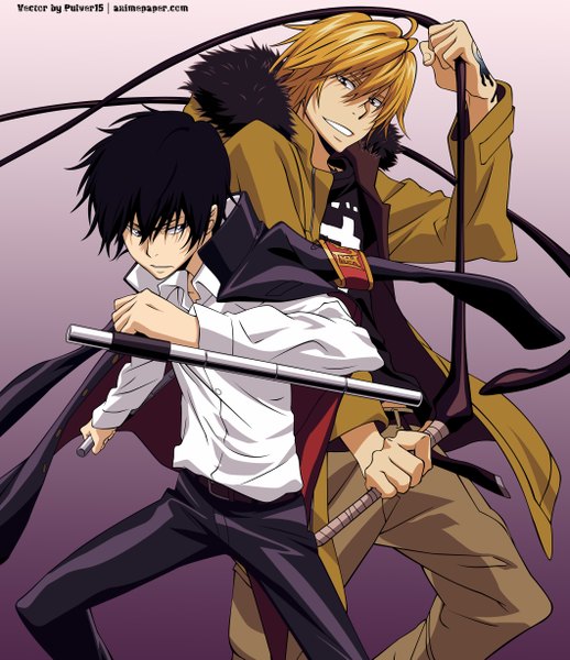 Anime picture 4235x4900 with katekyou hitman reborn hibari kyouya dino cavallone tanaka masayoshi tall image highres short hair black hair simple background blonde hair smile hair between eyes absurdres tattoo vector boy uniform weapon school uniform hood