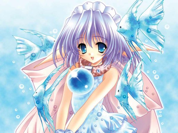 Anime picture 1024x768 with carnelian blue eyes purple hair blue background jpeg artifacts girl water