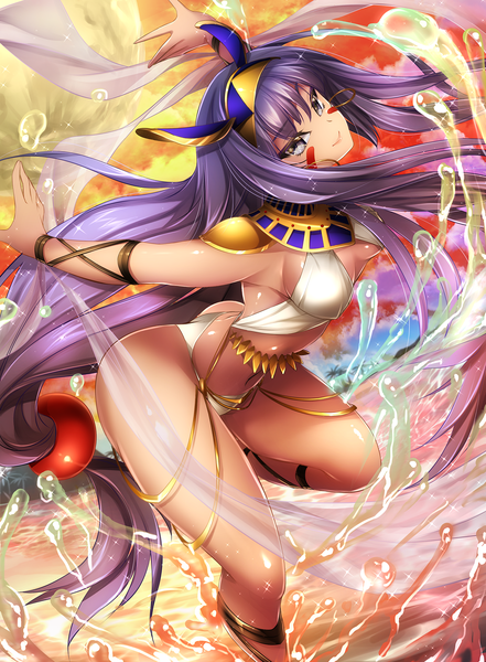 Anime picture 1479x2009 with fate (series) fate/grand order nitocris (fate) mia (gute-nacht-07) single tall image looking at viewer fringe light erotic smile hair between eyes standing animal ears purple hair cloud (clouds) bent knee (knees) very long hair traditional clothes sparkle grey eyes