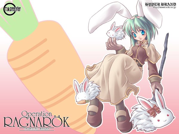 Anime picture 1600x1200 with ragnarok online acolyte (ragnarok online) lunatic ishihara masumi highres short hair animal ears green hair bunny ears wallpaper laughing vegetables bunny carrot
