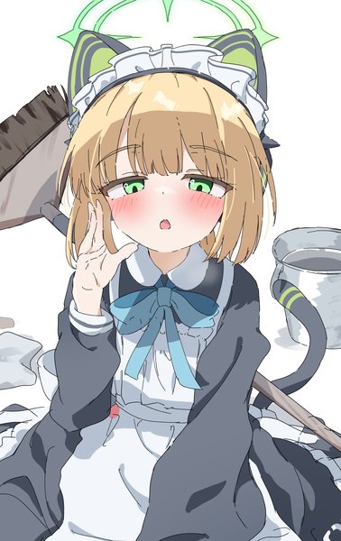 Anime picture 2579x4089 with blue archive midori (blue archive) natsukari na single tall image blush fringe highres short hair open mouth simple background white background animal ears tail blunt bangs animal tail cat ears :o maid cat girl