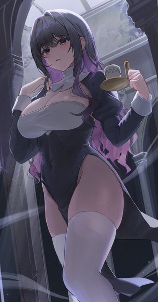 Anime picture 1303x2484 with original momimi single long hair tall image looking at viewer blush fringe breasts light erotic black hair hair between eyes large breasts standing purple eyes holding purple hair indoors multicolored hair puffy sleeves