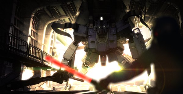 Anime picture 1920x990 with mobile suit gundam gundam 08th ms team sunrise (studio) ground gundam igaraigara highres wide image standing holding lens flare silhouette backlighting science fiction ambiguous gender beam rifle mecha shield