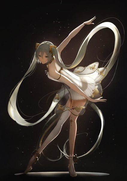 Anime picture 1448x2048 with vocaloid miku symphony (vocaloid) hatsune miku gramophone miku marumoru single tall image looking at viewer fringe simple background hair between eyes standing twintails bare shoulders payot full body very long hair aqua eyes aqua hair black background
