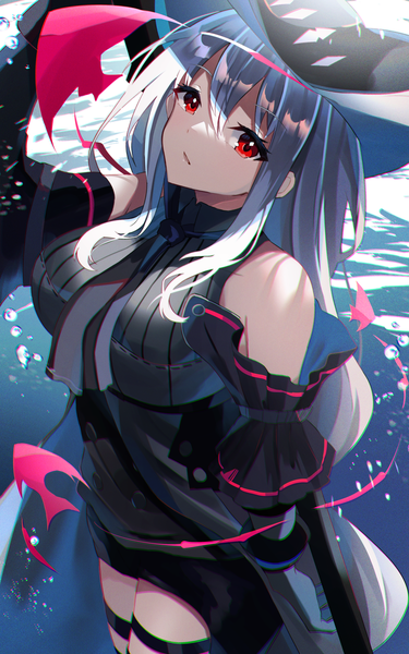 Anime picture 2026x3239 with arknights skadi (arknights) yamaha tsui single long hair tall image looking at viewer fringe highres hair between eyes red eyes silver hair from above elite ii (arknights) girl hat detached sleeves animal necktie fish (fishes)