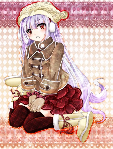 Anime picture 1267x1669 with touhou fujiwara no mokou harukaruha (artist) single long hair tall image red eyes sitting purple hair girl thighhighs black thighhighs hat headphones