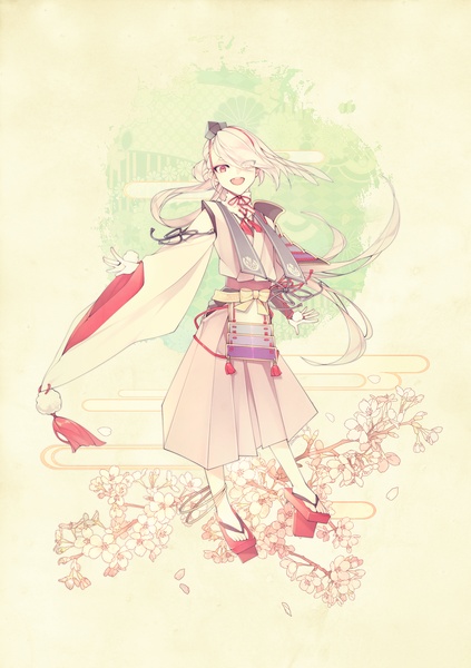Anime picture 1748x2480 with touken ranbu nitroplus ima-no-tsurugi snovee (ameri) single tall image looking at viewer fringe highres open mouth red eyes full body very long hair traditional clothes japanese clothes hair over one eye wide sleeves cherry blossoms eyebrows egasumi