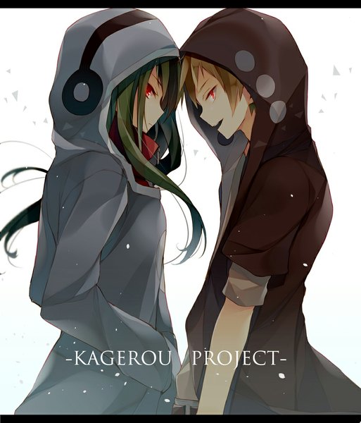Anime picture 800x935 with kagerou project shaft (studio) kido tsubomi kano shuuya enomoto hina long hair tall image looking at viewer short hair open mouth smile red eyes brown hair white background green hair copyright name hands in pockets girl boy hood
