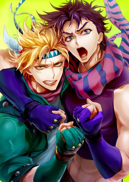Anime picture 600x840 with jojo no kimyou na bouken joseph joestar (young) caesar anthonio zeppeli joka (night gate) tall image looking at viewer short hair open mouth blue eyes black hair blonde hair green eyes multiple boys hug eyebrows striped clenched teeth green background boy gloves