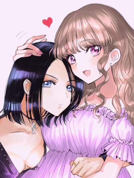 Anime picture 1050x1400 with original rosette (roze-ko) long hair tall image looking at viewer fringe short hair breasts open mouth blue eyes light erotic black hair simple background brown hair purple eyes multiple girls cleavage blunt bangs nail polish sparkle