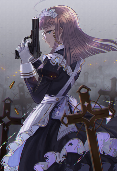Anime picture 2200x3200 with original amahara subaru single long hair tall image looking at viewer fringe highres brown hair standing holding green eyes payot outdoors blunt bangs long sleeves profile looking back wind maid