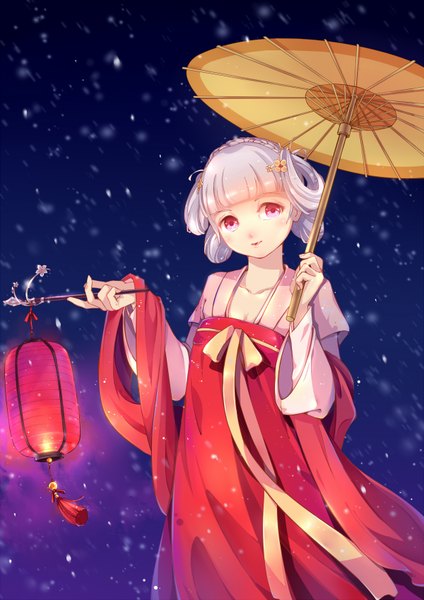 Anime picture 1200x1696 with original pandako single tall image looking at viewer blush short hair silver hair traditional clothes pink eyes chinese clothes girl umbrella lamp
