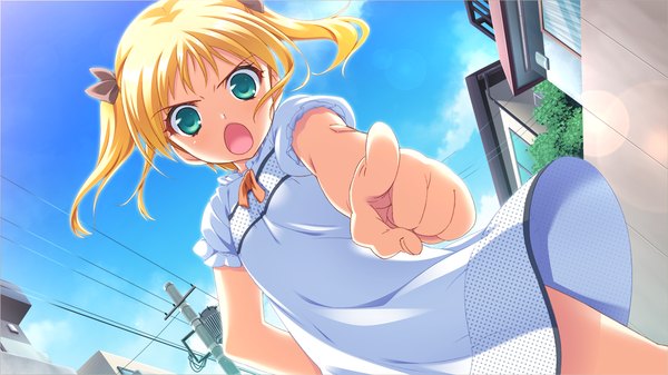 Anime picture 1280x720 with tojita sekai no tori colony long hair looking at viewer open mouth blonde hair wide image twintails green eyes game cg pointing girl dress bow hair bow