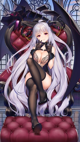 Anime picture 1000x1778 with astral chronicles law of creation 2 netheria haneru single tall image looking at viewer blush fringe breasts light erotic large breasts sitting purple eyes bare shoulders payot sky silver hair cloud (clouds) full body