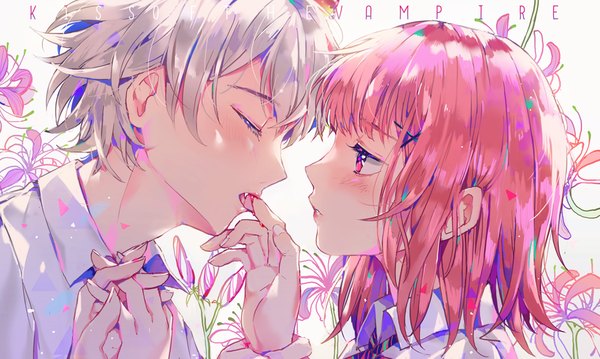 Anime picture 1100x659 with original dangmill blush fringe short hair open mouth hair between eyes wide image white background looking away pink hair silver hair eyes closed profile inscription fang (fangs) couple holding hands close-up face to face