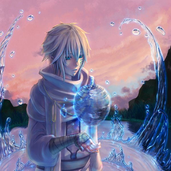 Anime picture 1000x1000 with s.y.k gyokuryu konoe3 single short hair blue eyes blonde hair sky cloud (clouds) tattoo magic evening sunset mountain boy plant (plants) water scarf grass bandage (bandages)