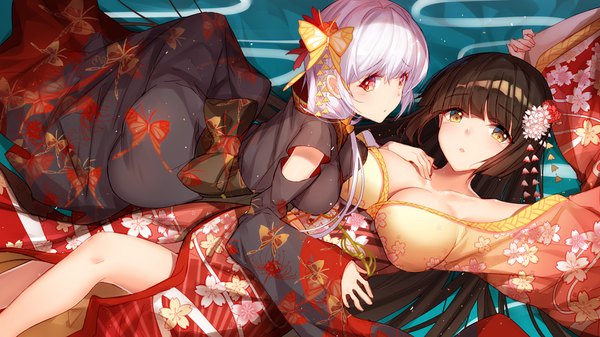 Anime picture 3840x2160 with warship girls r yamashiro (warship girls r) fusou (warship girls r) bison cangshu long hair looking at viewer blush fringe highres breasts light erotic simple background hair between eyes red eyes brown hair wide image large breasts multiple girls yellow eyes absurdres