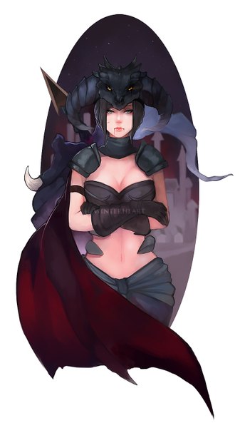 Anime picture 846x1507 with league of legends vayne (league of legends) aira (artist) single tall image fringe short hair breasts black hair simple background large breasts white background looking away cleavage midriff crossed arms silver eyes expressionless girl gloves