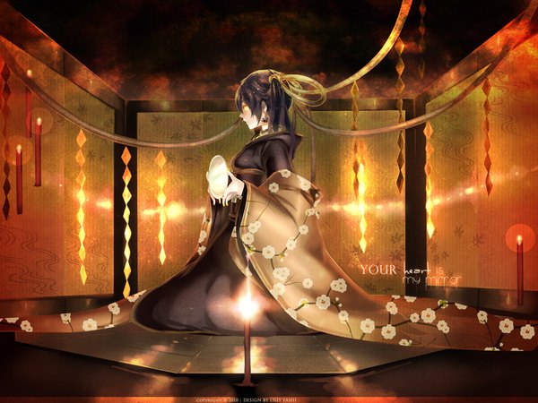 Anime picture 1600x1200 with japanese clothes orange eyes kimono candle (candles) mirror room