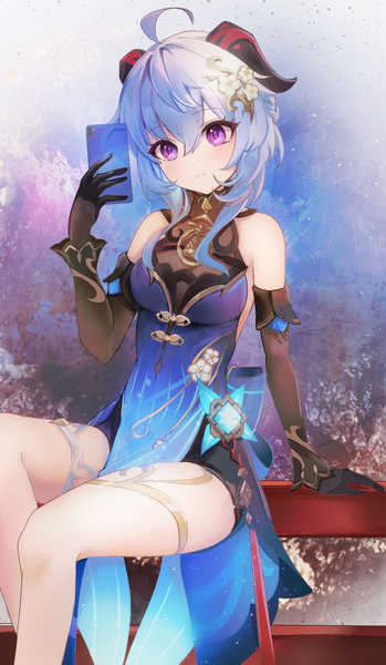 Anime picture 1344x2312 with genshin impact ganyu (genshin impact) ganyu (twilight blossom) (genshin impact) onmoynn single long hair tall image fringe hair between eyes sitting purple eyes bare shoulders blue hair looking away horn (horns) light smile official alternate costume girl gloves hair ornament