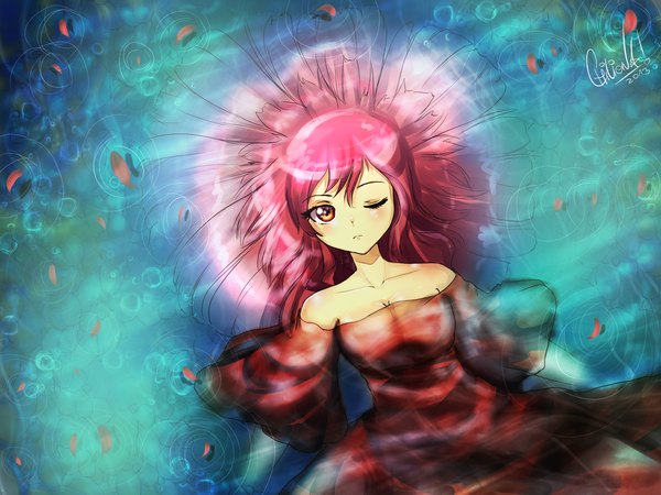 Anime picture 1600x1200 with original chilienn (artist) single long hair looking at viewer red eyes bare shoulders signed pink hair lying one eye closed wink autumn girl dress water leaf (leaves)