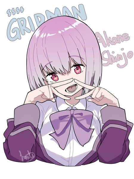 Anime picture 1574x2100 with gridman universe ssss.gridman studio trigger shinjou akane hanten (hantennano) single tall image fringe short hair open mouth simple background hair between eyes red eyes white background pink hair :d copyright name character names victory girl