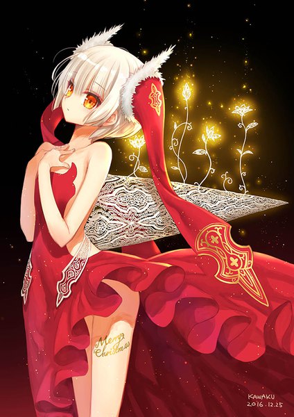 Anime picture 707x1000 with original kawaku single tall image blush fringe short hair light erotic bare shoulders signed looking away white hair bare legs orange eyes fur trim glowing hand on chest christmas looking up merry christmas