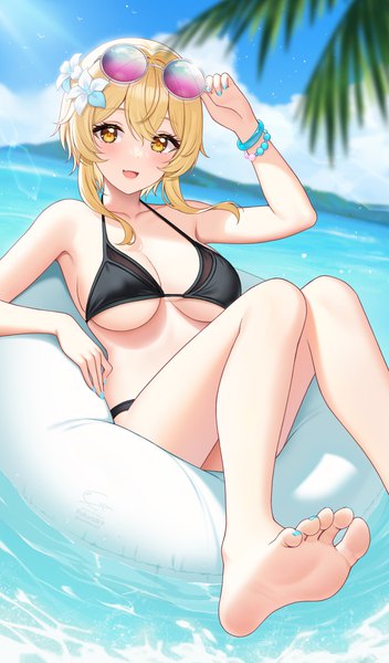 Anime picture 2217x3783 with genshin impact lumine (genshin impact) fukuro ko (greentea) single tall image looking at viewer blush fringe highres short hair breasts open mouth light erotic blonde hair smile hair between eyes large breasts yellow eyes sky cloud (clouds)