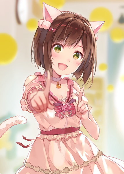 Anime picture 715x1000 with idolmaster idolmaster cinderella girls maekawa miku fukahire (ruinon) single tall image looking at viewer blush fringe short hair open mouth smile brown hair green eyes animal ears cleavage upper body tail head tilt :d