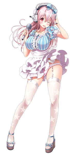 Anime picture 600x1200 with nitroplus super sonico v-mag single long hair tall image looking at viewer blush breasts open mouth light erotic large breasts pink hair full body pink eyes one eye closed wink transparent background hand on headphones girl