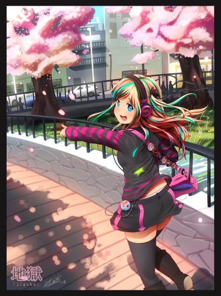 Anime picture 935x1250 with original dfer single long hair tall image blush open mouth blue eyes looking back multicolored hair inscription two-tone hair loli streaked hair cherry blossoms framed pointing river girl thighhighs
