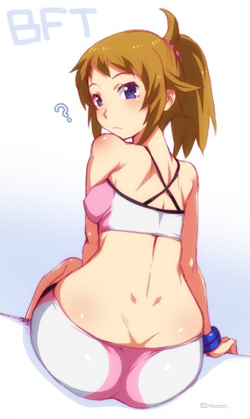 Anime picture 717x1200 with mobile suit gundam gundam build fighters sunrise (studio) hoshino fumina mudou eichi single tall image looking at viewer short hair blue eyes light erotic simple background brown hair sitting bare shoulders signed ass ponytail looking back ?