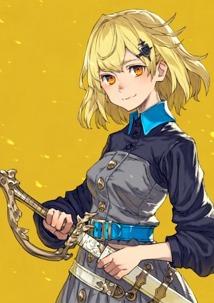 Anime picture 1768x2500 with original kusano shinta single tall image looking at viewer blush fringe highres short hair simple background blonde hair smile standing holding long sleeves orange eyes yellow background unsheathing girl hair ornament