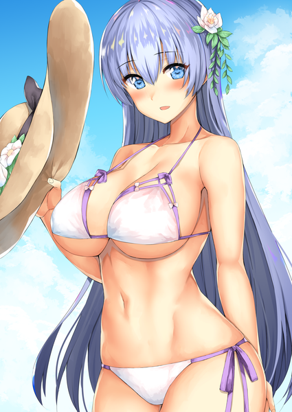 Anime picture 2508x3541 with azur lane rodney (azur lane) rodney (future beach admiral) (azur lane) body mahattaya ginga single long hair tall image looking at viewer blush fringe highres breasts open mouth blue eyes light erotic hair between eyes large breasts standing holding sky