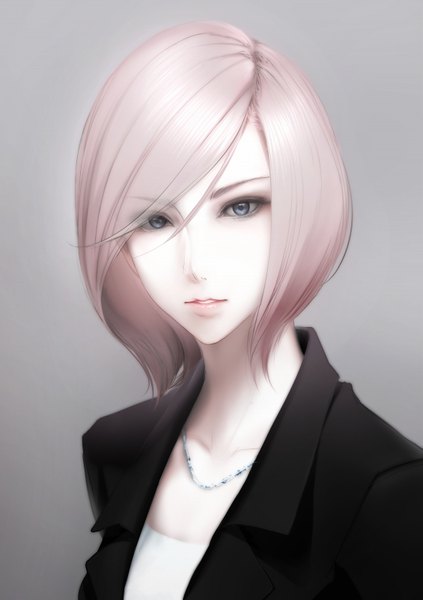 Anime picture 565x800 with original erise single tall image looking at viewer short hair blue eyes silver hair lips realistic grey background girl