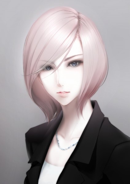 イラスト 565x800 と オリジナル 子松菜 ソロ 長身像 カメラ目線 短い髪 青い目 銀髪 lips realistic grey background 女の子