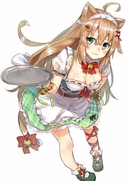 Anime picture 2501x3507 with flower knight girl enokorogusa (flower knight girl) ruma imaginary single long hair tall image looking at viewer blush highres breasts smile brown hair white background holding green eyes animal ears ahoge tail animal tail cat ears