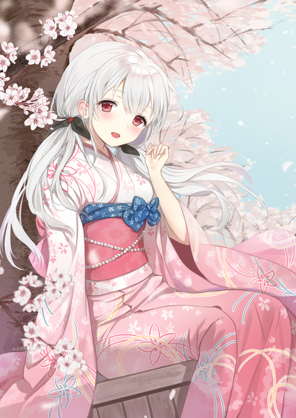 Anime picture 1000x1412 with original haruri single long hair tall image looking at viewer blush fringe open mouth red eyes sitting twintails signed sky silver hair outdoors traditional clothes head tilt :d japanese clothes