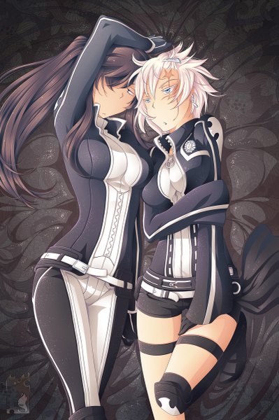 Anime picture 799x1200 with d.gray-man allen walker kanda yuu shailo (artist) long hair tall image fringe short hair blue eyes light erotic brown hair multiple girls bent knee (knees) white hair ponytail lying arm up grey hair hair over one eye dark background