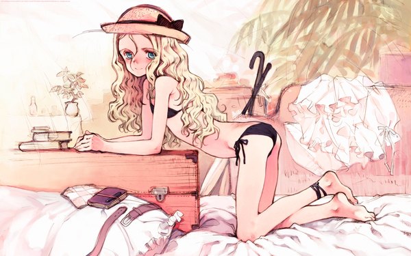 Anime picture 1920x1200 with quartett! littlewitch charlotte francia oyari ashito single long hair looking at viewer highres blue eyes light erotic blonde hair smile wide image full body wallpaper wavy hair girl swimsuit hat bikini