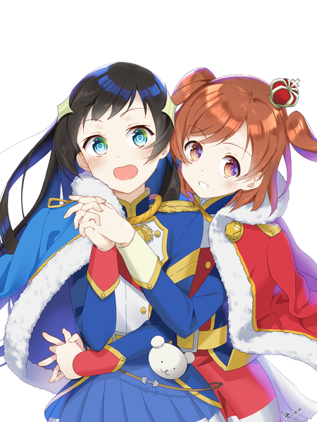 Anime picture 1536x2048 with shoujo kageki revue starlight kinema citrus kagura hikari aijou karen shikaemon long hair tall image blush short hair open mouth blue eyes black hair simple background brown hair white background multiple girls brown eyes two side up fur trim hug