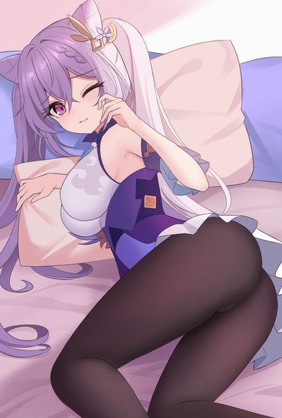 Anime picture 881x1306 with genshin impact keqing (genshin impact) icwine single long hair tall image looking at viewer blush fringe breasts light erotic hair between eyes large breasts purple eyes twintails payot purple hair ass indoors lying