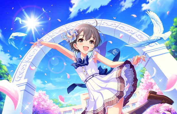Anime picture 1280x824 with idolmaster idolmaster cinderella girls idolmaster cinderella girls starlight stage otokura yuuki single looking at viewer blush short hair open mouth smile brown hair brown eyes sky cloud (clouds) bent knee (knees) :d sunlight gate come with me! girl