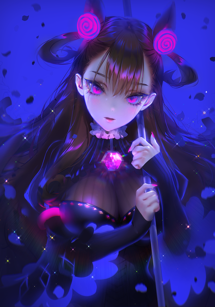 Anime picture 1487x2117 with fate (series) fate/grand order murasaki shikibu (fate) zenke single long hair tall image looking at viewer blush fringe breasts open mouth light erotic simple background hair between eyes brown hair large breasts standing purple eyes holding