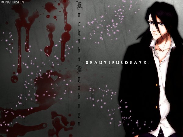 Anime picture 1024x768 with bleach studio pierrot kuchiki byakuya single long hair fringe black hair hair between eyes looking away character names open collar third-party edit hands in pockets boy blood