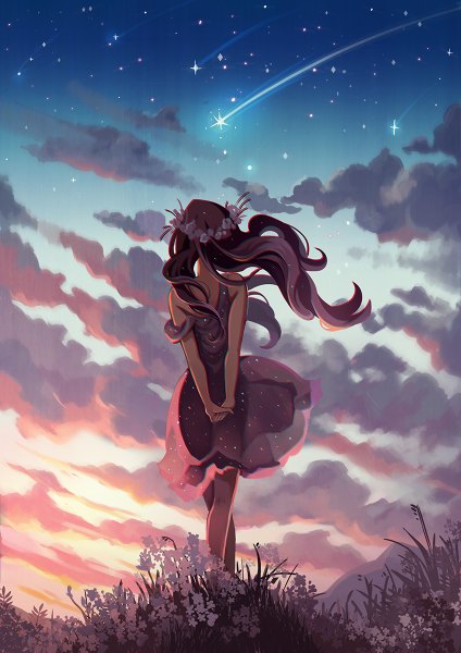 Anime picture 848x1200 with original radittz single long hair tall image brown hair standing bare shoulders sky cloud (clouds) wind from behind bare legs from below crossed legs evening wavy hair hands behind back strap slip mountain