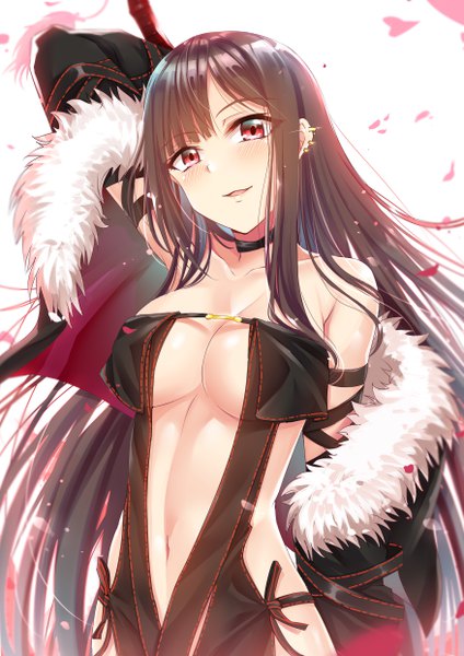 Anime picture 3507x4960 with fate (series) fate/grand order yu mei-ren (fate) gu li single long hair tall image looking at viewer blush highres breasts light erotic simple background smile red eyes brown hair large breasts white background payot blue hair