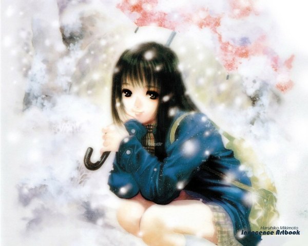 Anime picture 1280x1024 with haruhiko mikimoto single long hair black hair snowing winter snow girl umbrella bag